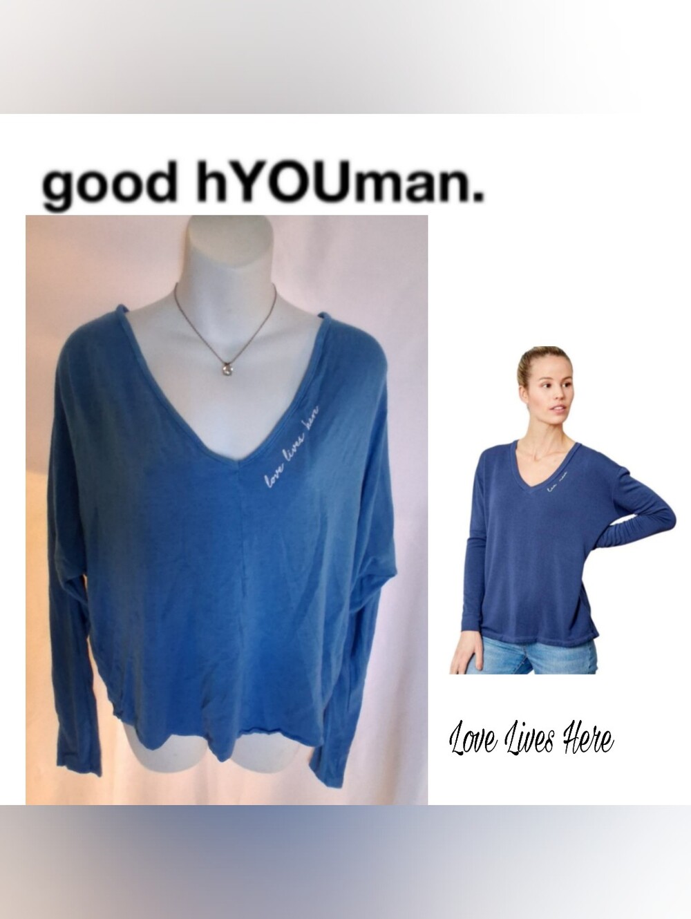 Good hYOUman Blue V-Neck Long Sleeve Top with Script Detail. Sz Med